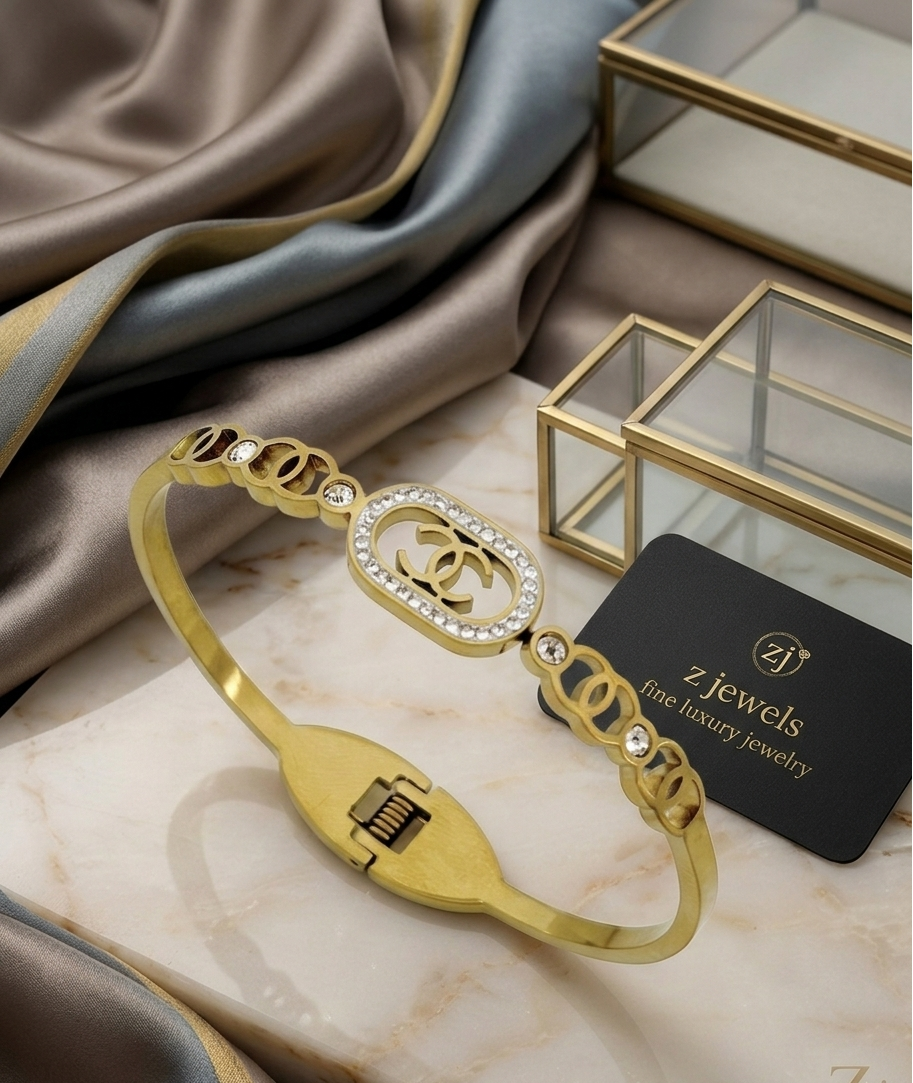 chanel Zircon Stone 18K Gold Stainless Steel Luxury Handcuff for Girls & Women's