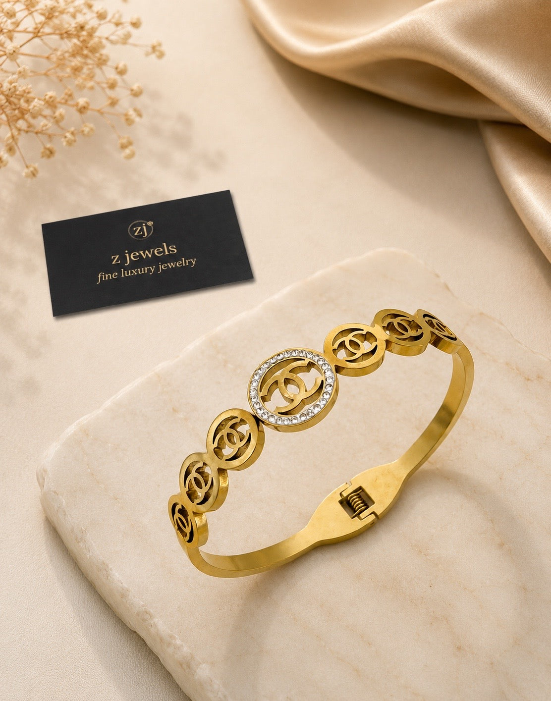 chanel Zircon Stone 18K Gold Stainless Steel Luxury Handcuff for Girls & Women's